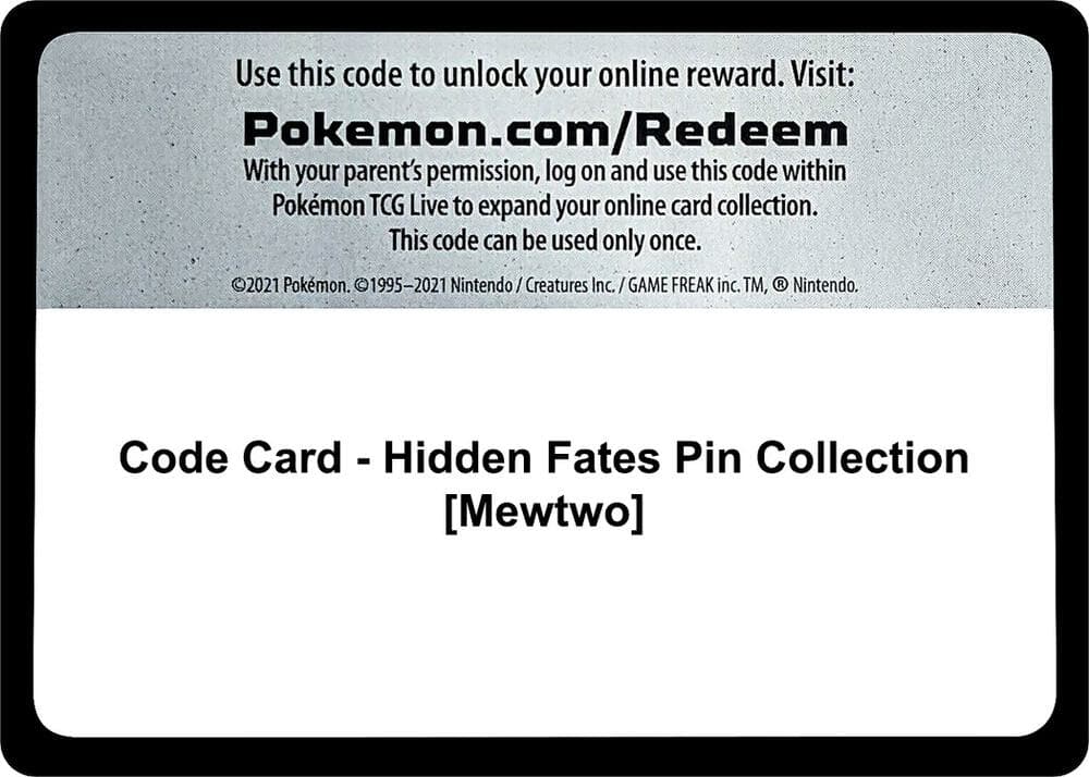 Code Card Hidden Fates Pin Collection Mewtwo